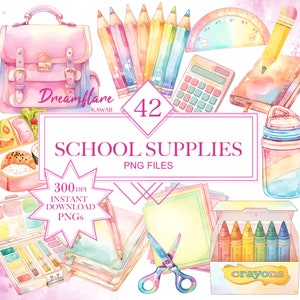 Watercolor School Supplies PNG Clipart, Back To School PNG, Pastel School Supplies Clipart, Scrapbooking, Digital Download, Commercial Use