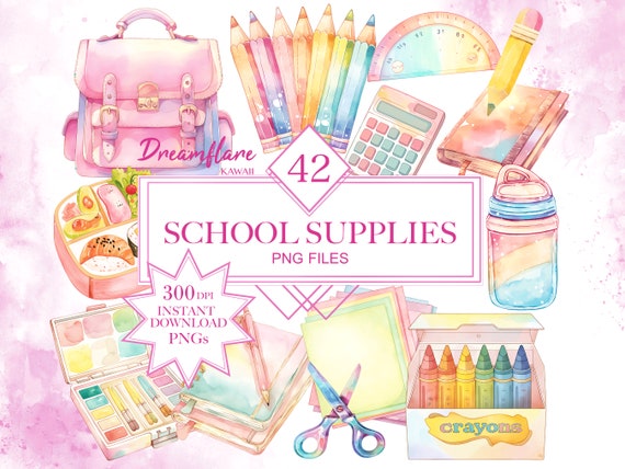Watercolor School Supplies PNG Clipart, Back To School PNG, Pastel School Supplies Clipart, Scrapbooking, Digital Download, Commercial Use