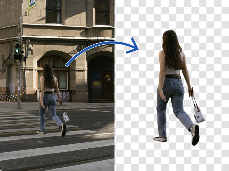 Puede incluir: Una mujer con un top blanco sin mangas y pantalones vaqueros azules camina por un paso de cebra frente a un edificio. Lleva un bolso blanco.