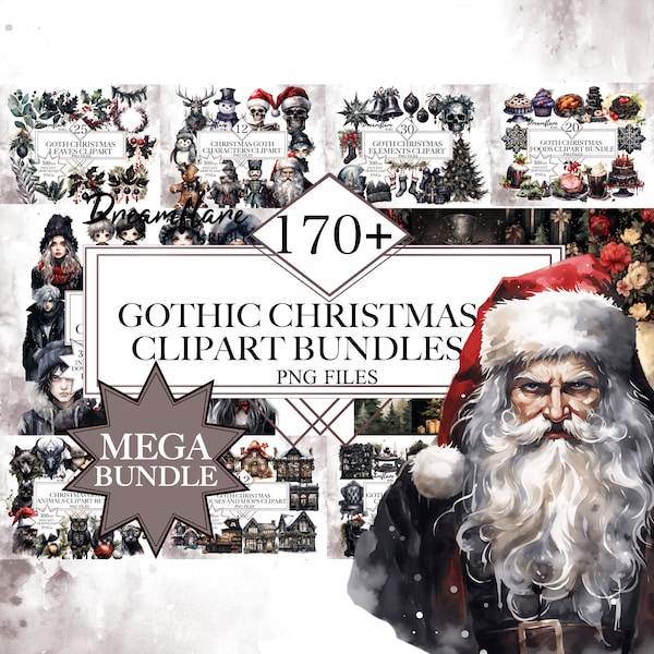 Watercolor Gothic Christmas Clipart Mega Bundle, Gothic Spooky Christmas PNG Bundle, Scrapbooking, Christmas Clipart, Commercial Use