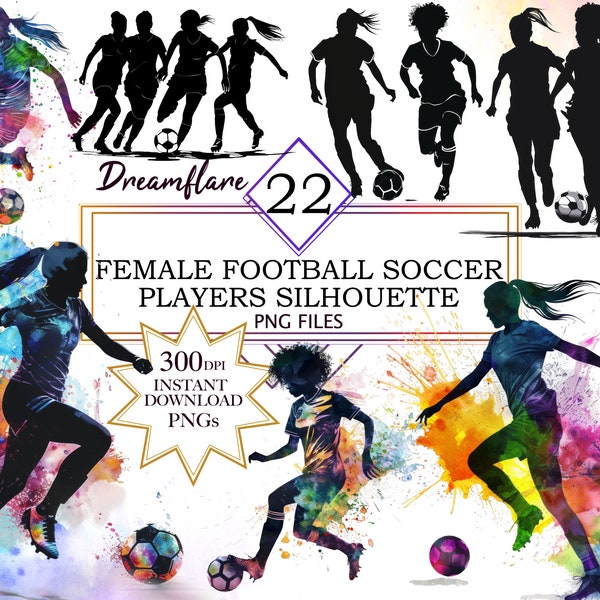 Women Girls Football Soccer Players Silhouette Clipart PNG Bundle, Soccer Football Clipart, Soccer Team, Football Clipart, Commercial Use
