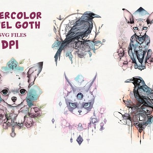 May include: A set of five watercolour illustrations featuring a chihuahua, a sphinx cat, a raven, and two more sphinx cats. The illustrations are in a pastel goth style with floral accents and geometric patterns.