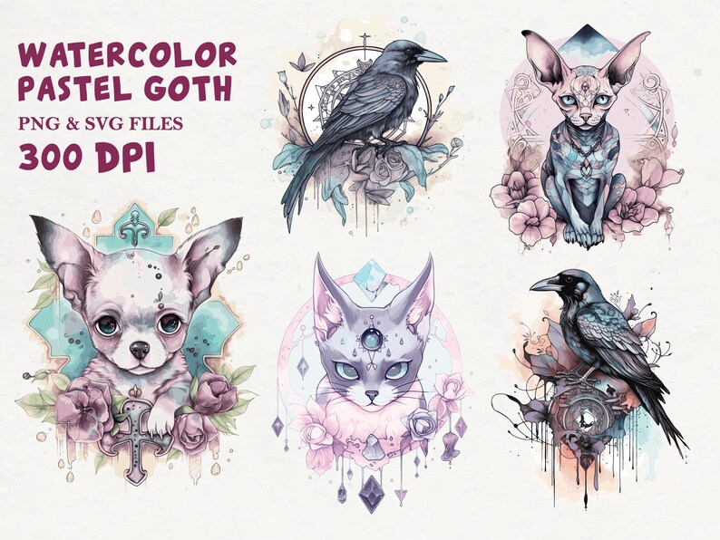 May include: A set of five watercolour illustrations featuring a chihuahua, a sphinx cat, a raven, and two more sphinx cats. The illustrations are in a pastel goth style with floral accents and geometric patterns.
