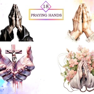 May include: Four watercolor illustrations of praying hands. The first image shows a pair of hands clasped in prayer with a black robe. The second image shows a pair of hands clasped in prayer with a white robe. The third image shows a pair of hands holding a cross with a figure of Jesus on it. The fourth image shows a pair of hands clasped in prayer with a white robe and a rosary.