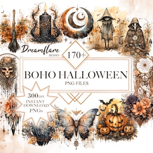 Könnte beinhalten: Eine Sammlung von über 170 digitalen Halloween-Clipart-Bildern im Boho-Stil. Die Bilder zeigen eine Vielzahl von gruseligen und skurrilen Elementen, darunter einen Schädel, eine Hexe, einen Kürbis, einen Schmetterling, einen Traumfänger und eine Kerze. Die Bilder sind perfekt zum Erstellen von Halloween-Bastelarbeiten, Einladungen und Dekorationen.