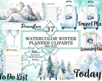 37 Watercolor Winter-Themed Planner Clipart, Winter Planner Clipart Bundle, Winter PNG Bundle, Planner Clipart Bundle, Commercial Use