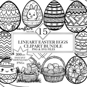 Paquete Lineart Huevos de Pascua PNG & SVG, Huevo de Pascua SVG, Sello Digi de Huevo de Pascua, Imágenes Prediseñadas Lineart, Archivo imprimible digital, Uso comercial