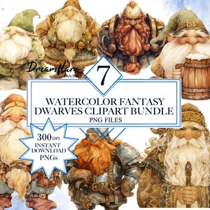 Watercolor Fantasy Dwarves Clipart Bundle, Dwarf PNG, Fantasy Characters, Fantasy Dwarf, Digital Printable File, Commercial Use