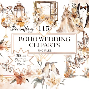 Könnte beinhalten: Ein Set mit 115 Boho-Hochzeits-Clipart-Illustrationen im PNG-Format. Die Illustrationen zeigen eine Vielzahl von Elementen, darunter Blumen, Schmetterlinge, eine Laterne, ein Fenster, ein Kleid, einen Smoking und einen Vogel. Die Illustrationen sind perfekt für die Erstellung von Einladungen, Save-the-Dates und anderen Hochzeitspapieren.