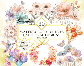 Watercolor Mothers Day Floral Clipart Bundle, Mother's Day PNG, Flowers Clipart, Floral Mothers Day, Printable Digital File, Commercial Use