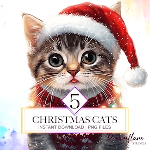 Lindo paquete de imágenes prediseñadas de gatos de Navidad, imágenes prediseñadas de gatos extravagantes, imágenes prediseñadas de animales de Navidad, gatos de árbol de Navidad, descarga digital, uso comercial