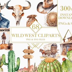 Acuarela Western Clipart, Paquete de imágenes prediseñadas del Salvaje Oeste, PNG SVG, Texas Cowboy Ranch, Sublimación de acuarela, Descarga instantánea, Uso comercial