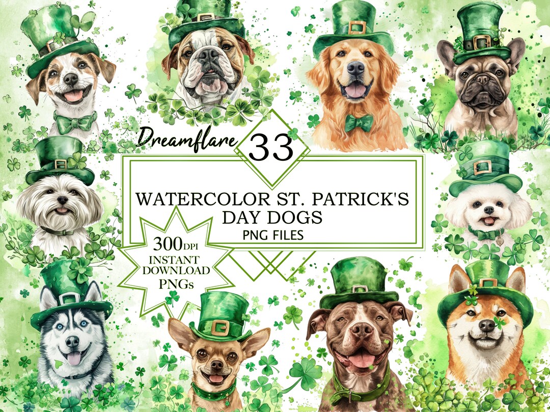 Watercolor St. Patrick's Day Dogs Clipart PNG Bundle, St. Patrick's Day ...