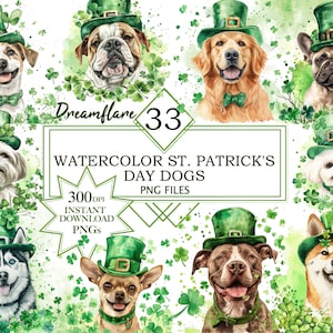 Könnte beinhalten: Aquarell-Illustrationen von zehn Hunden, die grüne Kleeblatt-Hüte tragen. Die Hunde sind verschiedener Rassen, darunter eine Bulldogge, ein Golden Retriever, ein Chihuahua, ein Husky, eine Französische Bulldogge, ein Shih Tzu und ein Mops. Die Illustrationen sind vor einem Hintergrund aus grünen Kleeblättern angeordnet.