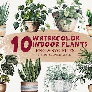 Paquete de imágenes prediseñadas de plantas de interior de acuarela, PNG y SVG, SVG de planta Monstera, diseños de tarjetas de plantas, plantas de arte de acuarela, archivos de descarga digital
