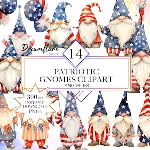 Aquarelle Patriotic Gnomes Clipart Bundle, 4 juillet PNG, Jour de l’Indépendance, Quatrième juillet, Drapeau des États-Unis, Téléchargement numérique, Utilisation commerciale