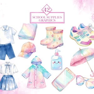 Pode incluir: Um conjunto de 42 ilustra&ccedil;&otilde;es de aquarela de materiais escolares, incluindo uma camisa polo branca, shorts azuis, uma blusa branca, uma saia azul, uma bandana arco-&iacute;ris, um bon&eacute; de beisebol arco-&iacute;ris, uma capa de chuva rosa com detalhes arco-&iacute;ris, um par de botas de chuva azuis, um par de t&ecirc;nis brancos, uma garrafa azul de desinfetante para as m&atilde;os com um rosto sorridente, um guarda-chuva arco-&iacute;ris, um smartphone e um par de &oacute;culos de sol arco-&iacute;ris.