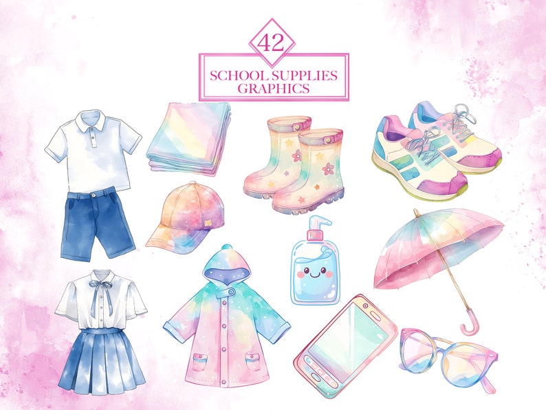 Pode incluir: Um conjunto de 42 ilustra&ccedil;&otilde;es de aquarela de materiais escolares, incluindo uma camisa polo branca, shorts azuis, uma blusa branca, uma saia azul, uma bandana arco-&iacute;ris, um bon&eacute; de beisebol arco-&iacute;ris, uma capa de chuva rosa com detalhes arco-&iacute;ris, um par de botas de chuva azuis, um par de t&ecirc;nis brancos, uma garrafa azul de desinfetante para as m&atilde;os com um rosto sorridente, um guarda-chuva arco-&iacute;ris, um smartphone e um par de &oacute;culos de sol arco-&iacute;ris.