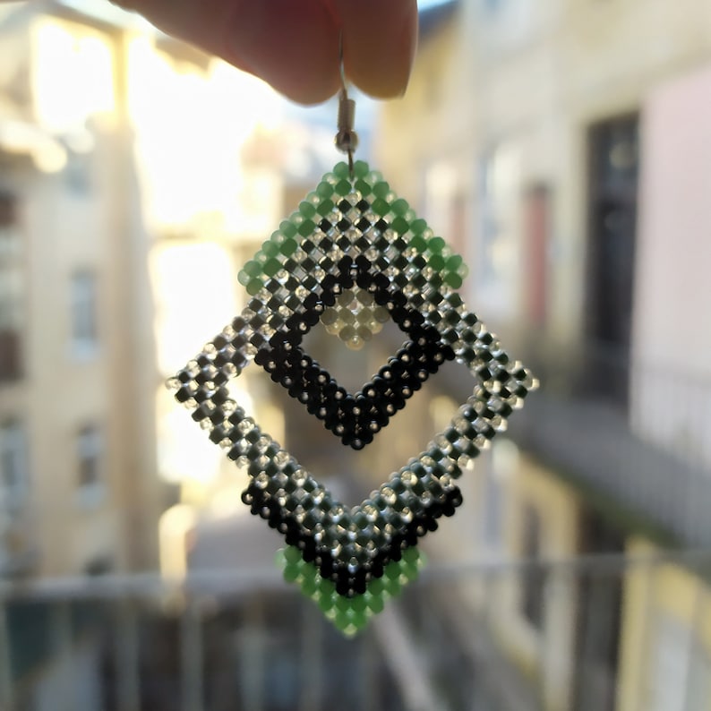 gift for her gift for Valentine/'s Day green beaded jewelry beadwork statement geometric earrings Large green diamond earrings with beads