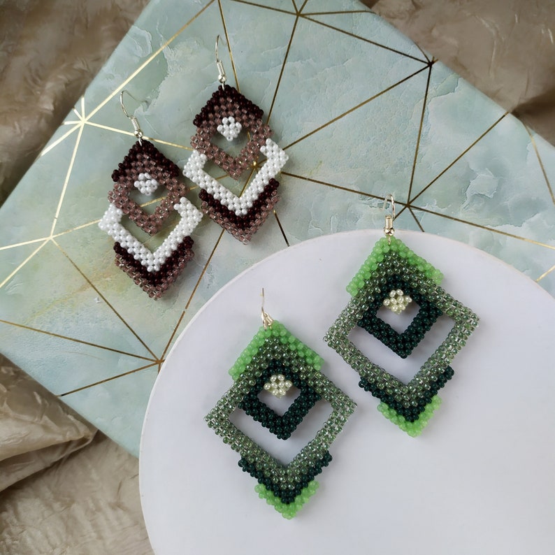 gift for her gift for Valentine/'s Day green beaded jewelry beadwork statement geometric earrings Large green diamond earrings with beads