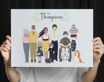 Portrait de famille nombreuse, impression numérique personnalisée, dessin animé personnalisé