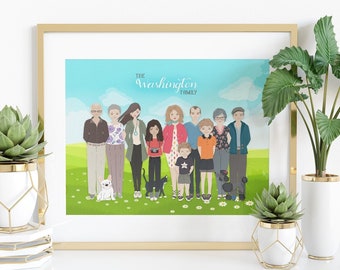 Big Family Cartoon Portrait, Personalised, Digital Print