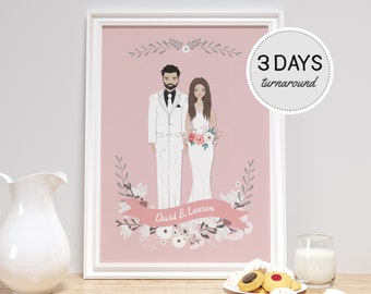 Customized Wedding Portrait Digital Print, Personalised  Couple Illustration Wedding Gift, Anniversary Gift Wall Art