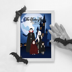 Aangepaste Halloween-familieportret digitale print, gepersonaliseerde cartoonillustratie, woondecoratie, kunst aan de muur