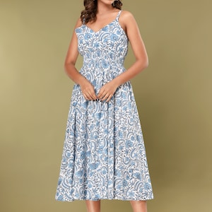 Blue Floral Block Printed Dress | Boho Floral Dress | Summer Dress | Smocking Dress | Sleeveless Dress | Long Smocked Dress | Bohemian Dress