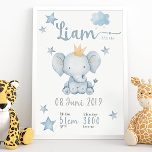 DRUCK | PDF | Geburtsposter A4 A3 A2 A1 | Elefant | Geburtsdaten | personalisiert | Taufe