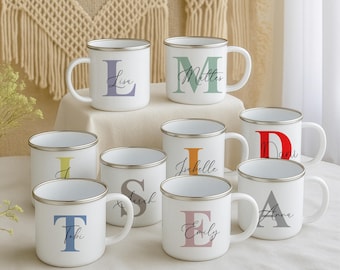 Personalisierte Emaille Tasse mit Anfangsbuchstaben und Name  | Initialen Tasse | Camper Tasse | Wichtelgeschenk | Geschenk Freundin Kinder