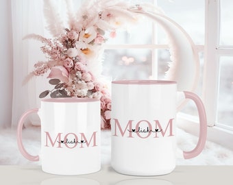 personalisierte Tasse | MOM mit Kindernamen | Keramik | normal oder JUMBO | rosa Henkel