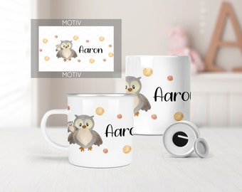 personalisierte Tasse - Wunschname | Emaille Tasse I Eule Uhu Safari Tiere | 330ml | 450ml | Spardose