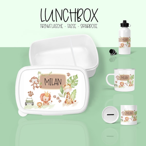 Brotdose | Lunch Box | Mit Unterteilung | Safari Löwe Giraffe Affe Tiere | Emaille, Trinkflasche, Spardose | personalisiert