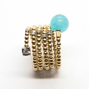 18K Yellow Gold Ring with diamonds and aquamarine, Perfect Gift for Her,  Rings for Women, White Gold Ring, Made in Italy, Handmade Jewelry
