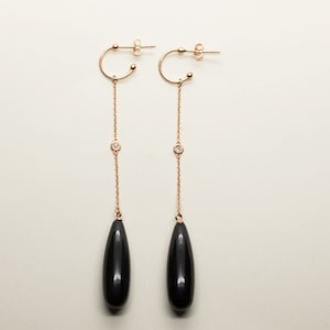 18k rose gold long earrings with dainty chain with diamonds and black onyx drop, dangling earrings, onyx earrings, drop earrings