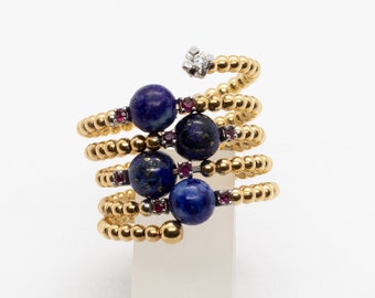 18K yellow Gold Ring, ring with Diamonds, Rubies and Lapis lazuli, Rings for Women, Made in Italy, Handmade Jewelry, Perfect gift the her