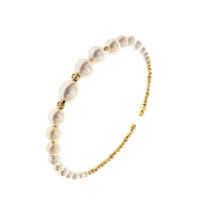 Bracelet in 18k yellow gold with real freshwater pearls and diamonds, cuff bracelet, bracelet for bride, gold bangle with pearls
