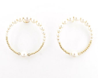 Bellissimi orecchini a cerchio di perle bianche, orecchini in oro 18k con perle di acqua dolce, gioielli con perle vere, orecchini moda