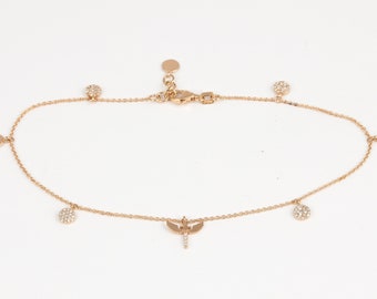 18k yellow gold anklet bracelet, gold chain anklet, thin chain gold anklet, anklet with diamonds, dainty anklet, charms anklet, dragonfly