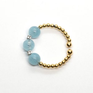 Anello con palline e acquamarina, oro giallo 18k e diamanti. Anello da donna, fedina con acquamarina, Anello di fidanzamento, regalo per lei