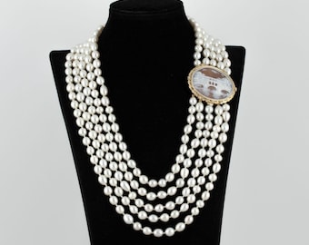 18 kt gold Perle Halskette mit Kamee und Diamant-Verschluss, Damen Perle Halskette, 18 kt Gelbgold Halskette mit Perlen und Diamanten