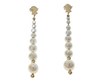 Pearl dangle earrings,  bridal pearl earrings, real pearls long earrings, pearl and diamonds, 18k yellow gold, pearl jewellery