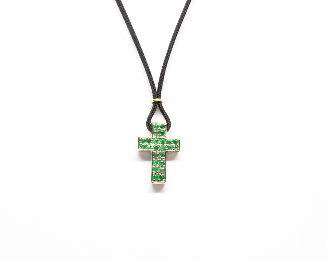 Men Necklace With Cross Emerald Cross Pendant in White Gold 18k Small