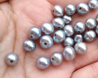 6-8mm Large Hole Pearls, 1.0mm Hole, Silver Freshwater Pearls, Big Hole Beads, Pearl Beads , PB1877
