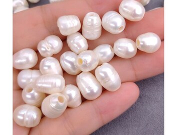 7-9mm Large Hole Pearls Beads Genuine Freshwater Pearl Large Potato Oval Rice Pearl Shimmery Pearly White Big 2.0mm Hole Beads PB966