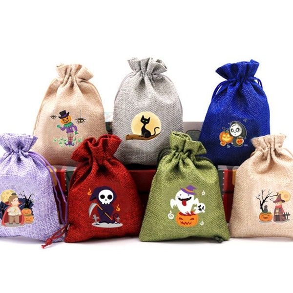 5pcs Halloween Burlap Bag avec cordon de serrage Kids Trick or Treat Gift Candy Goodie Party Favor Pouch Decoration SB1746