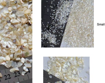 May include: Three samples of crushed iridescent seashells in different sizes: large, medium, and small. The shells are white with a slight pearlescent sheen. A ruler is used to show the size of the shells.