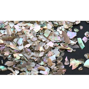 Pode incluir: Um monte de peças de concha de madrepérola de forma irregular, iridescentes e multicoloridas. As peças de concha estão espalhadas sobre uma superfície preta.