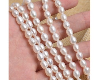 5-6mm White Oval Freshwater Pearls,White Rice Pearl,Full Strand, Freshwater Pearl Rice Beads Good Quality, AA+ PB483